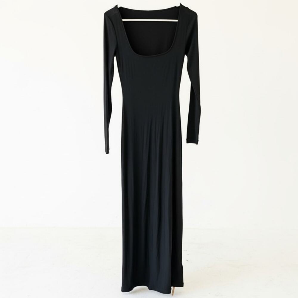 Women's Black Long Sleeve Maxi Dress Square Neck